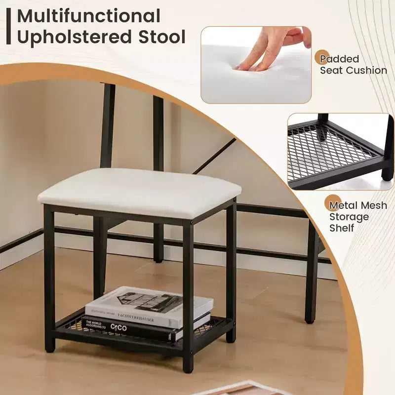 Coiffeuse Costway avec miroir relevable, étagère de rangement et tabouret capitonné, style rustique