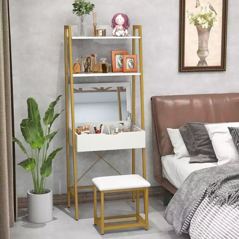 Coiffeuse Costway avec miroir relevable, étagère de rangement et tabouret capitonné, style rustique