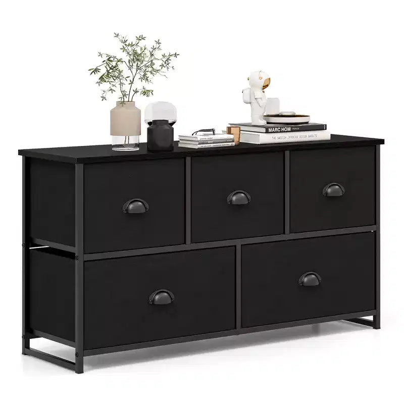 Commode de Rangement en Tissu Costway avec 5 Tiroirs, Cadre en Métal, Plateau Marron/Noir