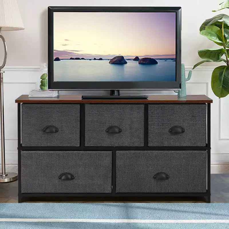 Commode de Rangement en Tissu Costway avec 5 Tiroirs, Cadre en Métal, Plateau Marron/Noir