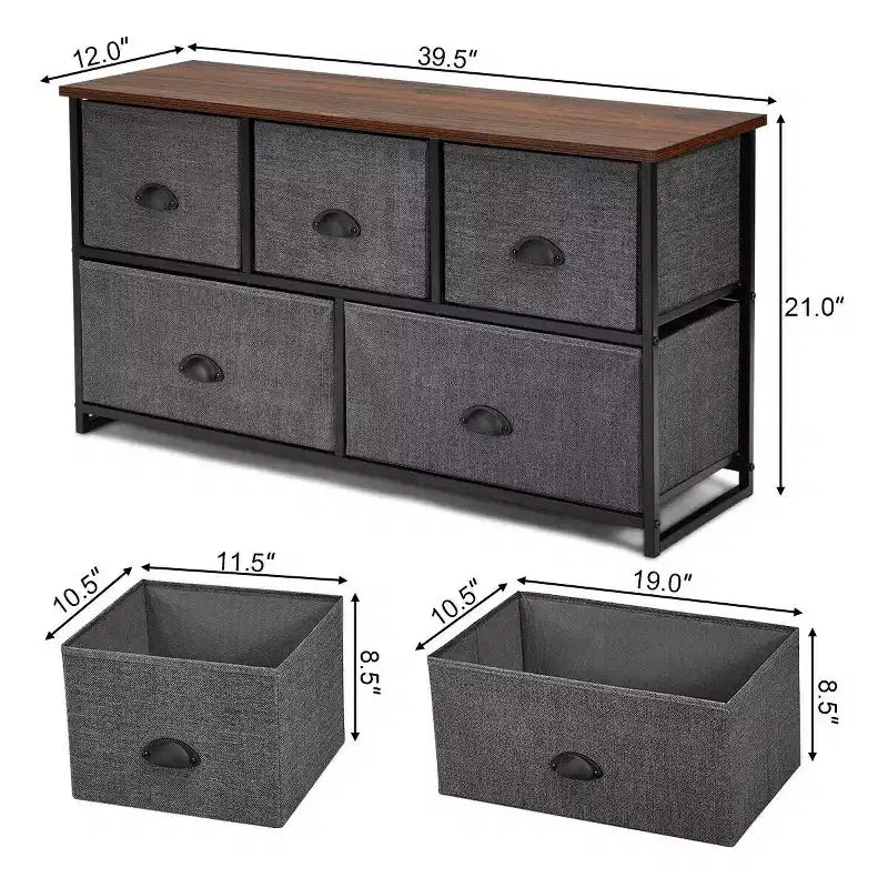 Commode de Rangement en Tissu Costway avec 5 Tiroirs, Cadre en Métal, Plateau Marron/Noir