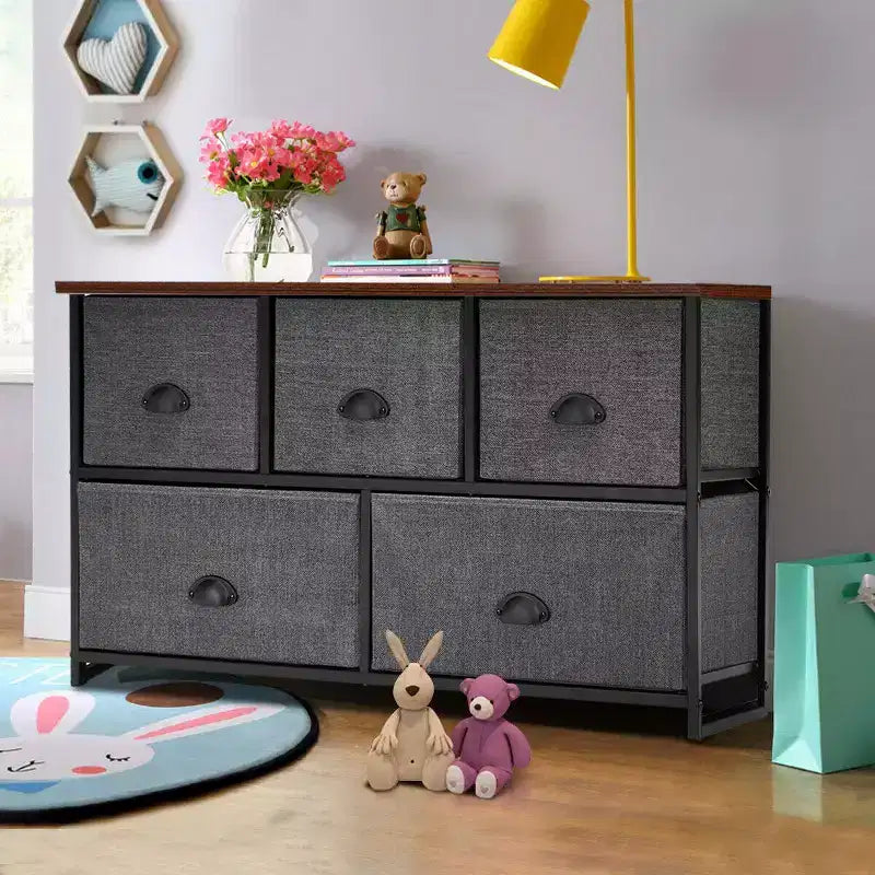 Commode de Rangement en Tissu Costway avec 5 Tiroirs, Cadre en Métal, Plateau Marron/Noir