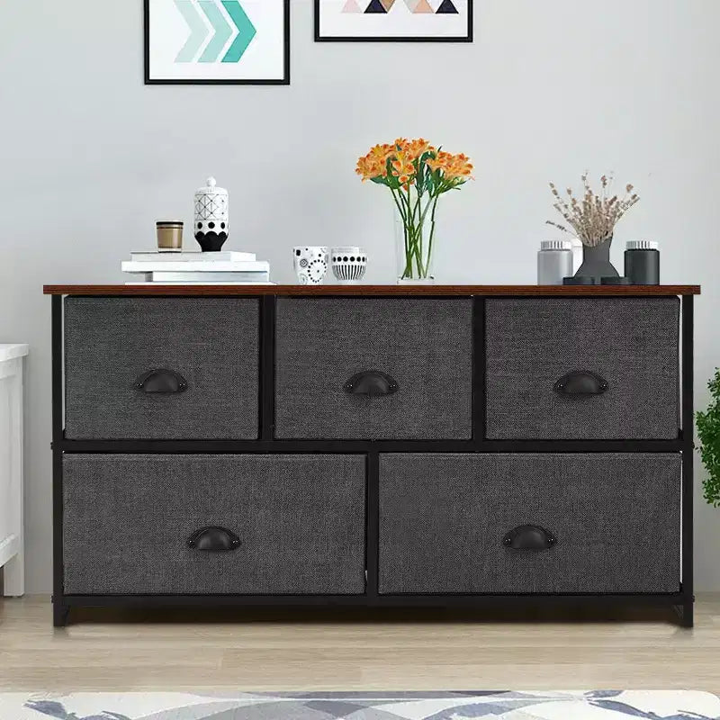 Commode de Rangement en Tissu Costway avec 5 Tiroirs, Cadre en Métal, Plateau Marron/Noir