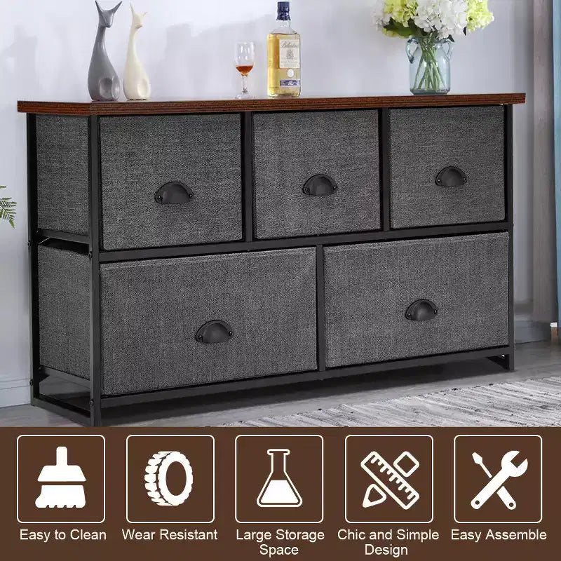 Commode de Rangement en Tissu Costway avec 5 Tiroirs, Cadre en Métal, Plateau Marron/Noir