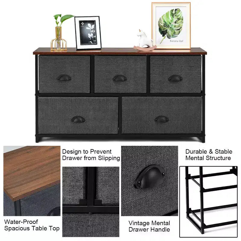 Commode de Rangement en Tissu Costway avec 5 Tiroirs, Cadre en Métal, Plateau Marron/Noir