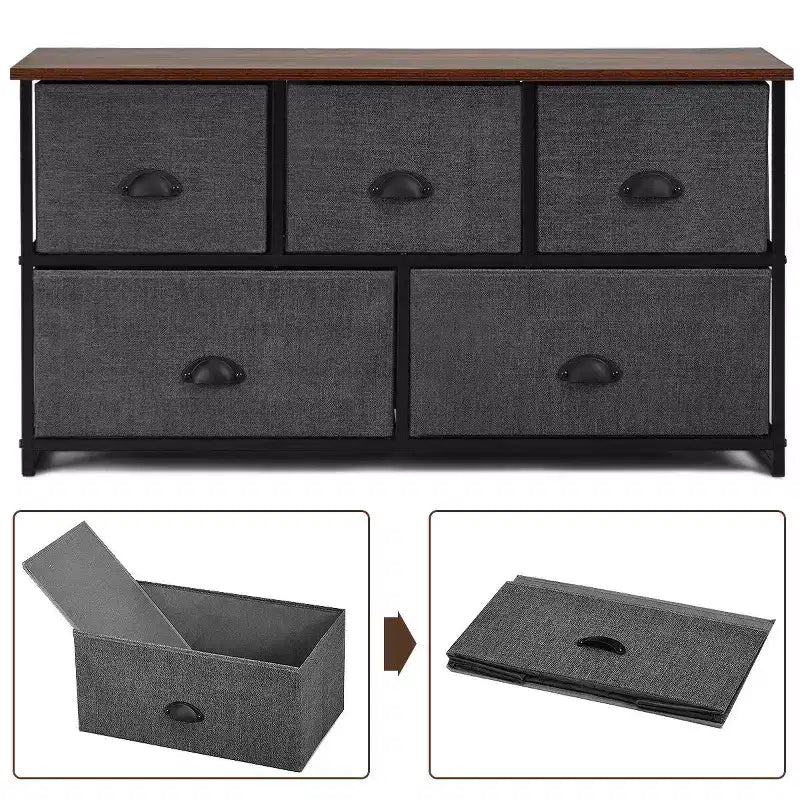 Commode de Rangement en Tissu Costway avec 5 Tiroirs, Cadre en Métal, Plateau Marron/Noir