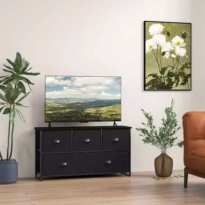Commode de Rangement en Tissu Costway avec 5 Tiroirs, Cadre en Métal, Plateau Marron/Noir