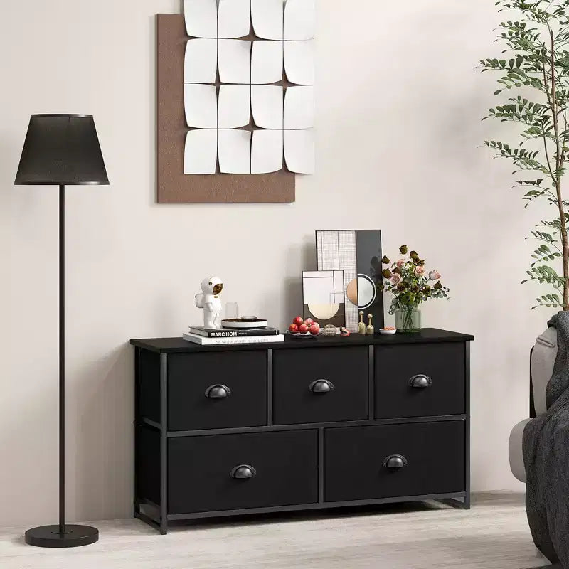 Commode de Rangement en Tissu Costway avec 5 Tiroirs, Cadre en Métal, Plateau Marron/Noir