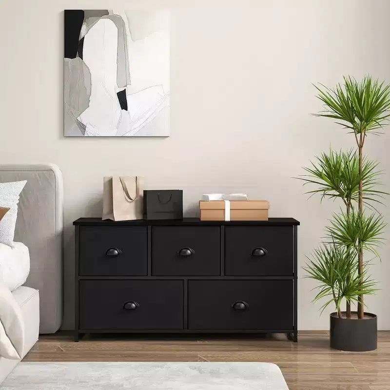 Commode de Rangement en Tissu Costway avec 5 Tiroirs, Cadre en Métal, Plateau Marron/Noir