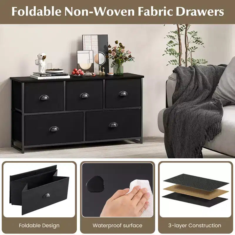 Commode de Rangement en Tissu Costway avec 5 Tiroirs, Cadre en Métal, Plateau Marron/Noir
