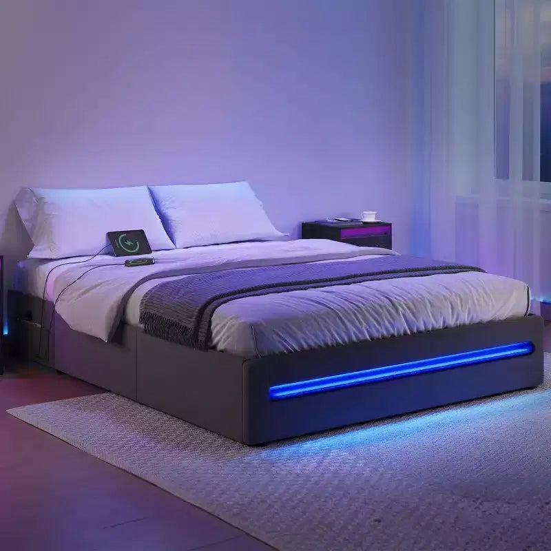 VASAGLE LED Bed Frame Full/Queen Size with 4 Drawers and Charging Station, Full/Queen Bed Frame with 1 USB Port and 1 Type C Port, Dark Gray