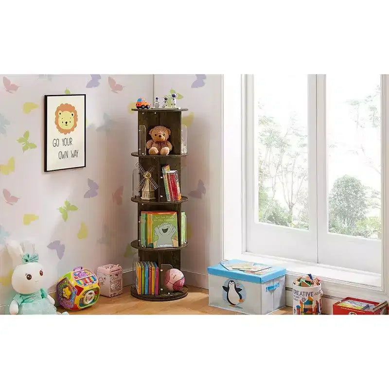 VECELO Étagère bibliothèque 4 niveaux Présentoir à 360° au sol Meuble de rangement avec cloison vitrée en acrylique, Étagère rotative