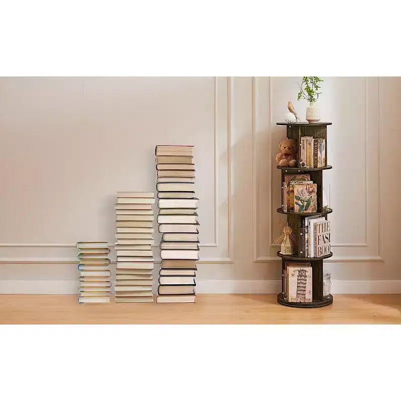 VECELO Étagère bibliothèque 4 niveaux Présentoir à 360° au sol Meuble de rangement avec cloison vitrée en acrylique, Étagère rotative