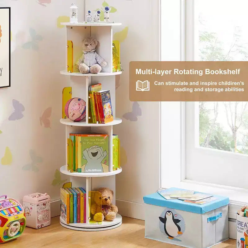 VECELO Étagère bibliothèque 4 niveaux Présentoir à 360° au sol Meuble de rangement avec cloison vitrée en acrylique, Étagère rotative