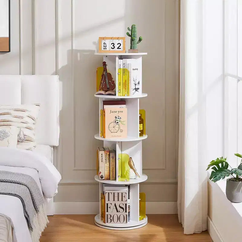 VECELO Étagère bibliothèque 4 niveaux Présentoir à 360° au sol Meuble de rangement avec cloison vitrée en acrylique, Étagère rotative
