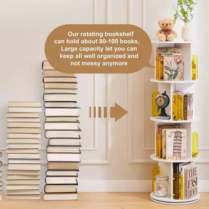 VECELO Étagère bibliothèque 4 niveaux Présentoir à 360° au sol Meuble de rangement avec cloison vitrée en acrylique, Étagère rotative