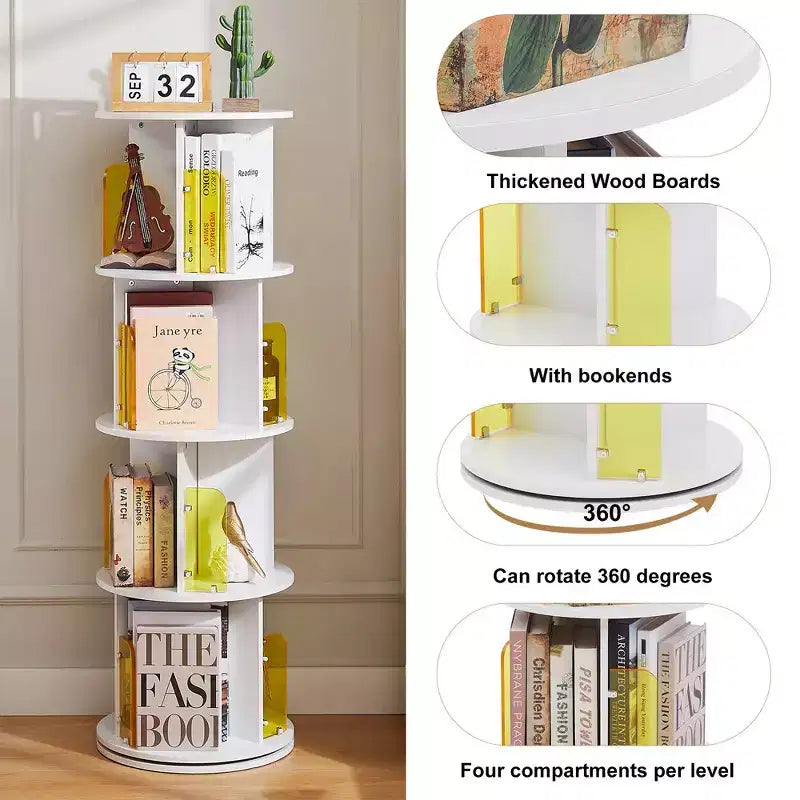 VECELO Étagère bibliothèque 4 niveaux Présentoir à 360° au sol Meuble de rangement avec cloison vitrée en acrylique, Étagère rotative