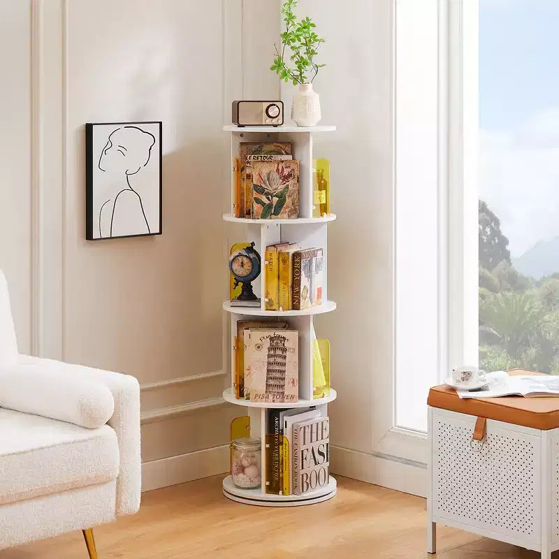 VECELO Étagère bibliothèque 4 niveaux Présentoir à 360° au sol Meuble de rangement avec cloison vitrée en acrylique, Étagère rotative