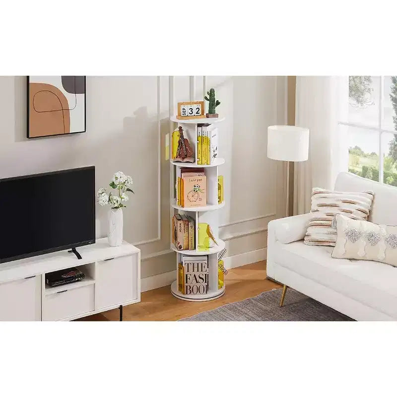 VECELO Étagère bibliothèque 4 niveaux Présentoir à 360° au sol Meuble de rangement avec cloison vitrée en acrylique, Étagère rotative