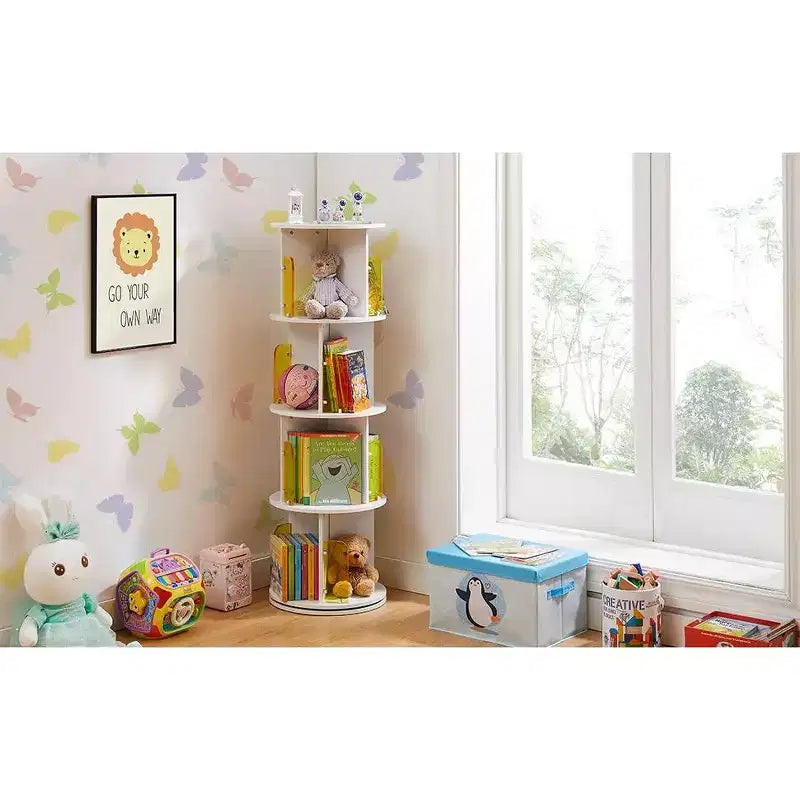 VECELO Étagère bibliothèque 4 niveaux Présentoir à 360° au sol Meuble de rangement avec cloison vitrée en acrylique, Étagère rotative