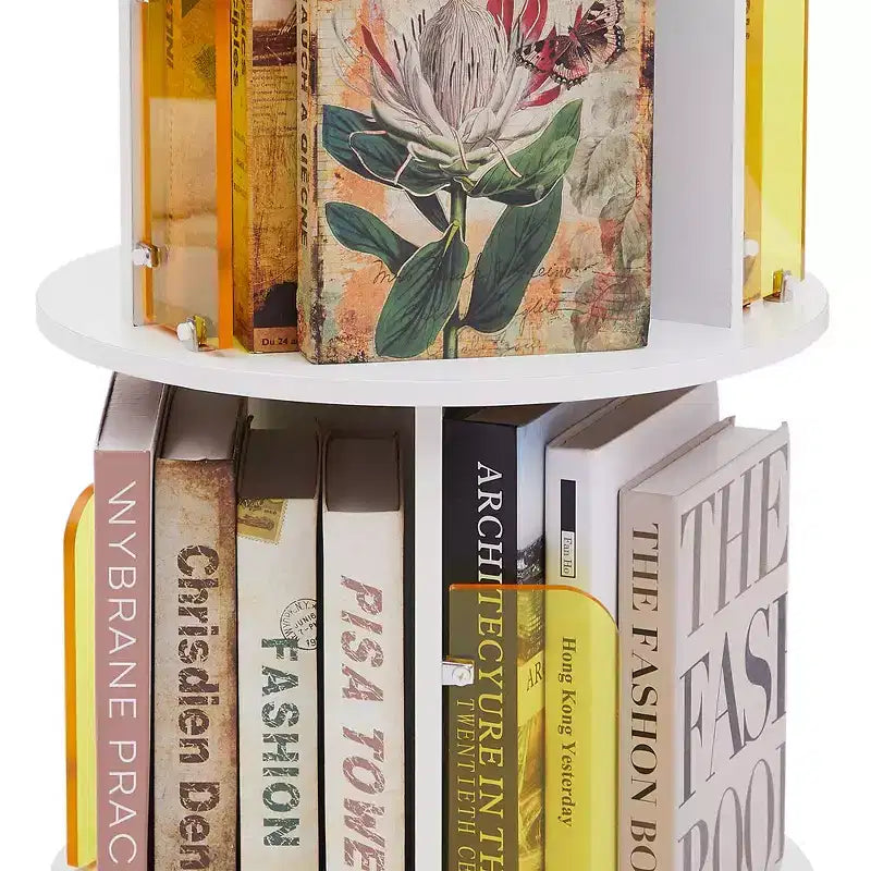 VECELO Étagère bibliothèque 4 niveaux Présentoir à 360° au sol Meuble de rangement avec cloison vitrée en acrylique, Étagère rotative