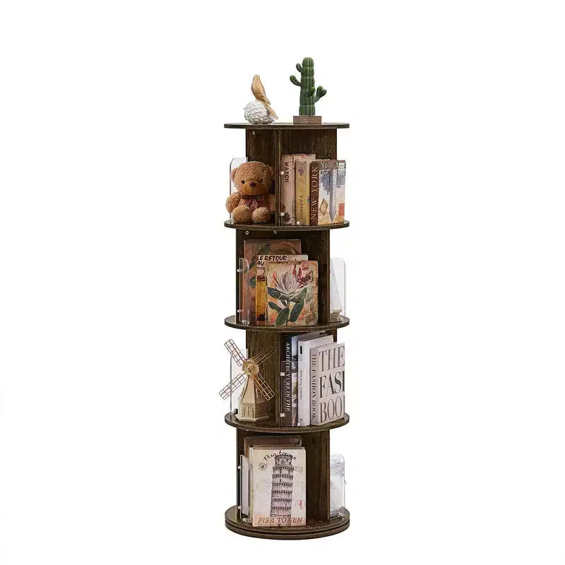 VECELO Étagère bibliothèque 4 niveaux Présentoir à 360° au sol Meuble de rangement avec cloison vitrée en acrylique, Étagère rotative