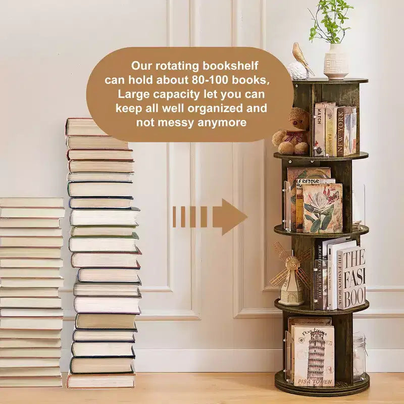VECELO Étagère bibliothèque 4 niveaux Présentoir à 360° au sol Meuble de rangement avec cloison vitrée en acrylique, Étagère rotative