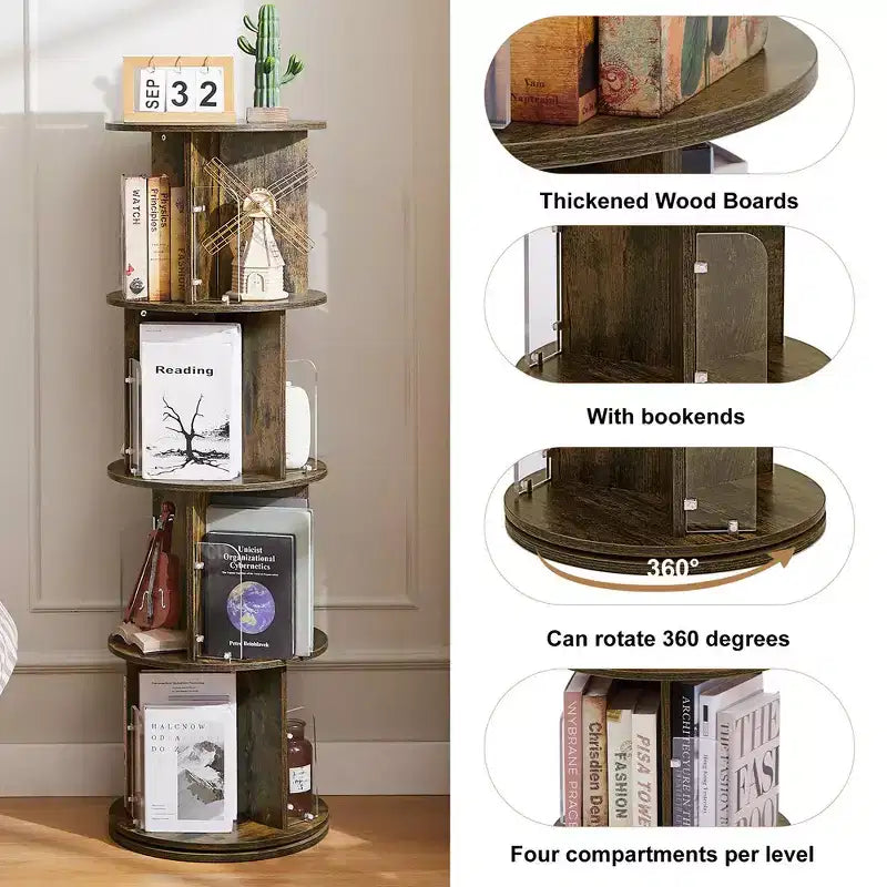 VECELO Étagère bibliothèque 4 niveaux Présentoir à 360° au sol Meuble de rangement avec cloison vitrée en acrylique, Étagère rotative