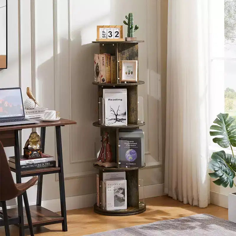 VECELO Étagère bibliothèque 4 niveaux Présentoir à 360° au sol Meuble de rangement avec cloison vitrée en acrylique, Étagère rotative