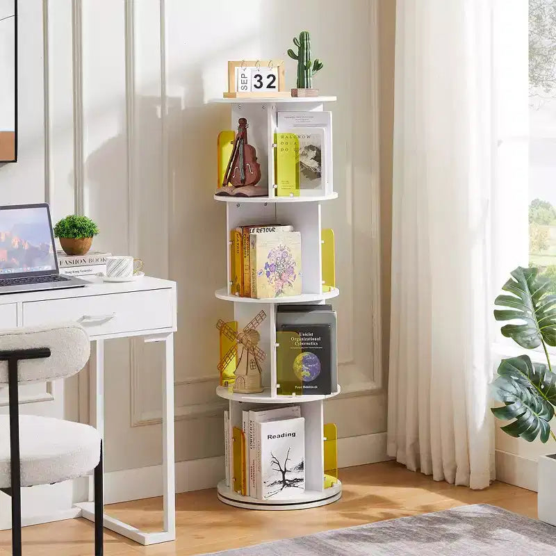 VECELO Étagère bibliothèque 4 niveaux Présentoir à 360° au sol Meuble de rangement avec cloison vitrée en acrylique, Étagère rotative