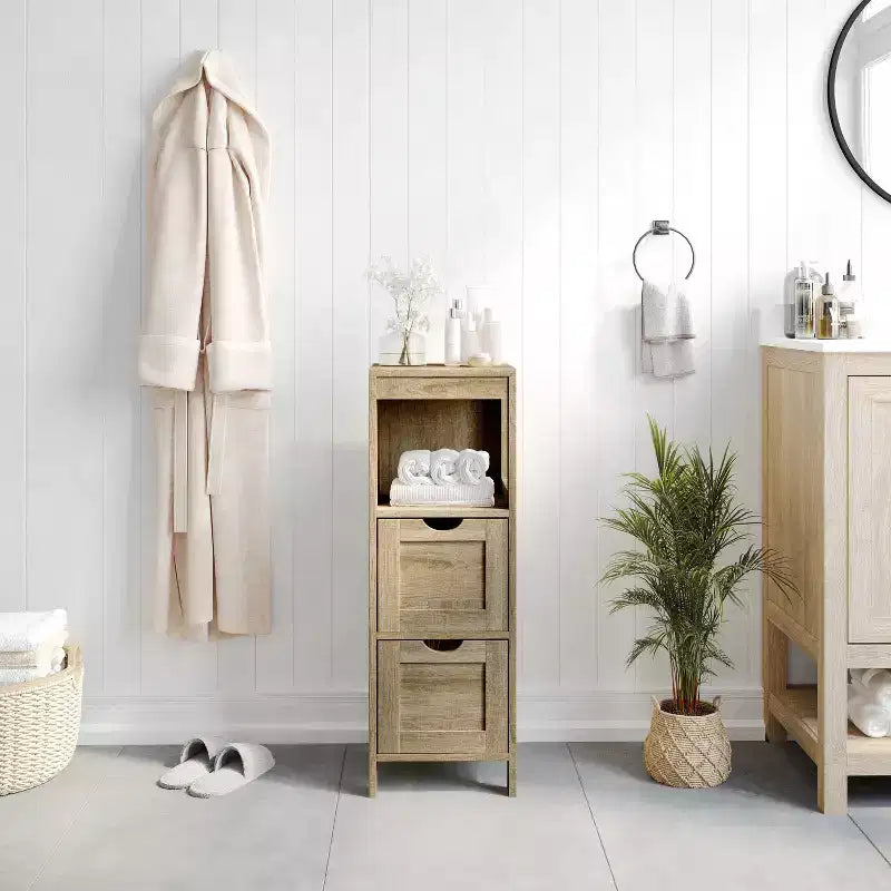 Organisateur de rangement de salle de bain Flash Furniture Dune style ferme avec deux tiroirs amovibles et une étagère de présentation ouverte