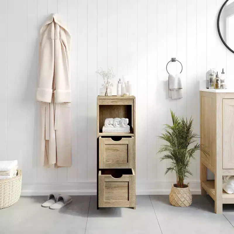 Organisateur de rangement de salle de bain Flash Furniture Dune style ferme avec deux tiroirs amovibles et une étagère de présentation ouverte