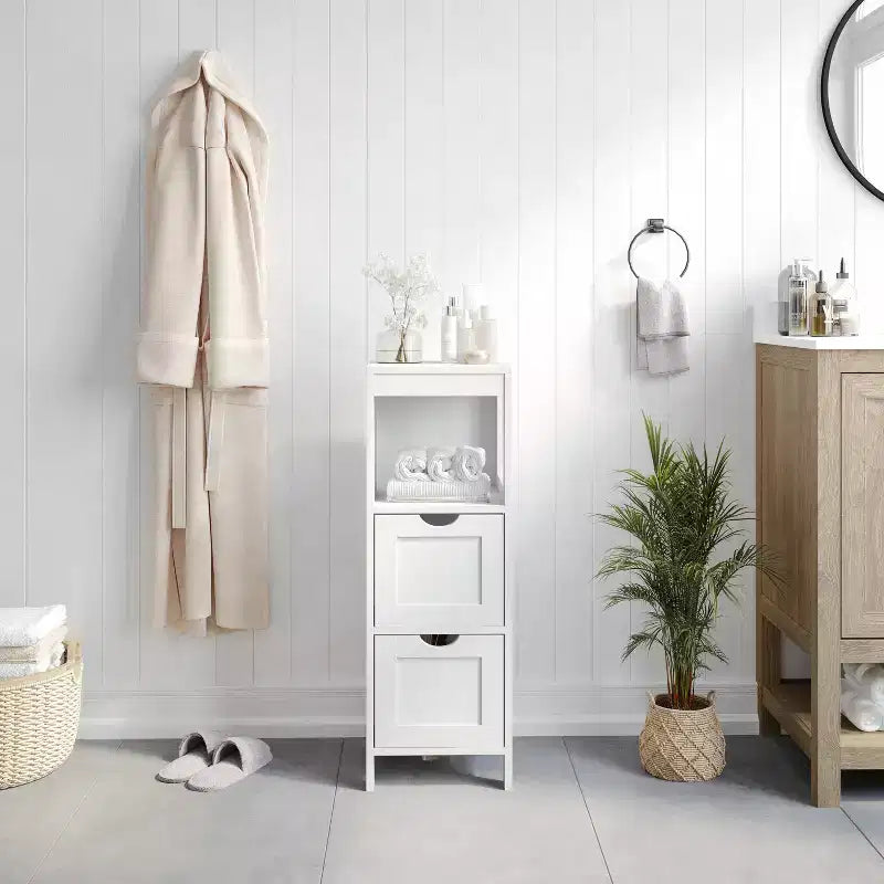 Organisateur de rangement de salle de bain Flash Furniture Dune style ferme avec deux tiroirs amovibles et une étagère de présentation ouverte