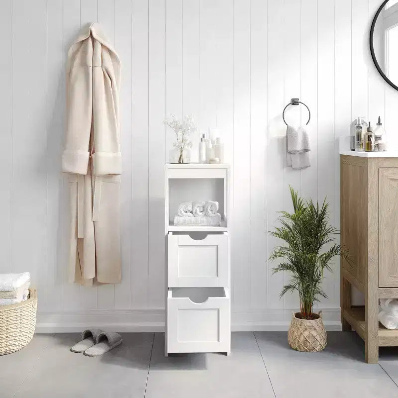 Organisateur de rangement de salle de bain Flash Furniture Dune style ferme avec deux tiroirs amovibles et une étagère de présentation ouverte