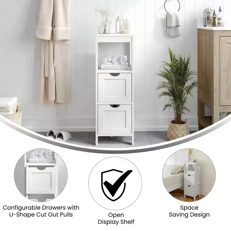 Organisateur de rangement de salle de bain Flash Furniture Dune style ferme avec deux tiroirs amovibles et une étagère de présentation ouverte
