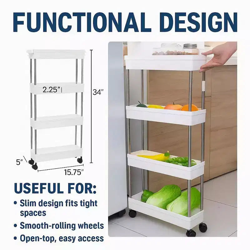Étagère de rangement coulissante étroite à 4 niveaux pour maison moderne – Chariot de service blanc