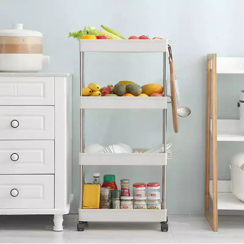 Étagère de rangement coulissante étroite à 4 niveaux pour maison moderne – Chariot de service blanc