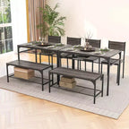Ensemble de table à manger Costway pour 4 personnes, table rectangulaire avec 2 chaises, 1 banc, étagères de rangement, marron rustique/gris/marron