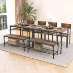 Ensemble de table à manger Costway pour 4 personnes, table rectangulaire avec 2 chaises, 1 banc, étagères de rangement, marron rustique/gris/marron