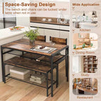 Ensemble de table à manger Costway pour 4 personnes, table rectangulaire avec 2 chaises, 1 banc, étagères de rangement, marron rustique/gris/marron