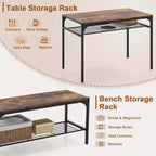Ensemble de table à manger Costway pour 4 personnes, table rectangulaire avec 2 chaises, 1 banc, étagères de rangement, marron rustique/gris/marron