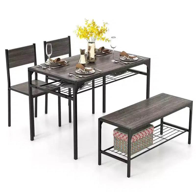 Ensemble de table à manger Costway pour 4 personnes, table rectangulaire avec 2 chaises, 1 banc, étagères de rangement, marron rustique/gris/marron