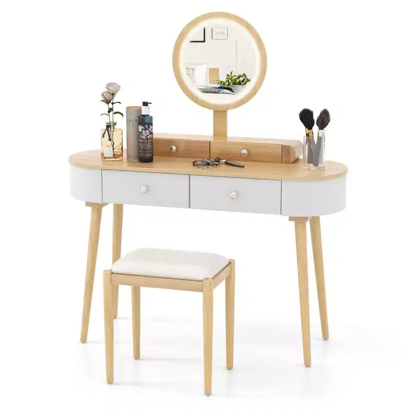 Costway Ensemble de coiffeuse en bois massif avec miroir lumineux LED, tiroirs et tabouret rembourré Blanc + Marron/Noir + Marron/Blanc + Noir/Blanc + Naturel