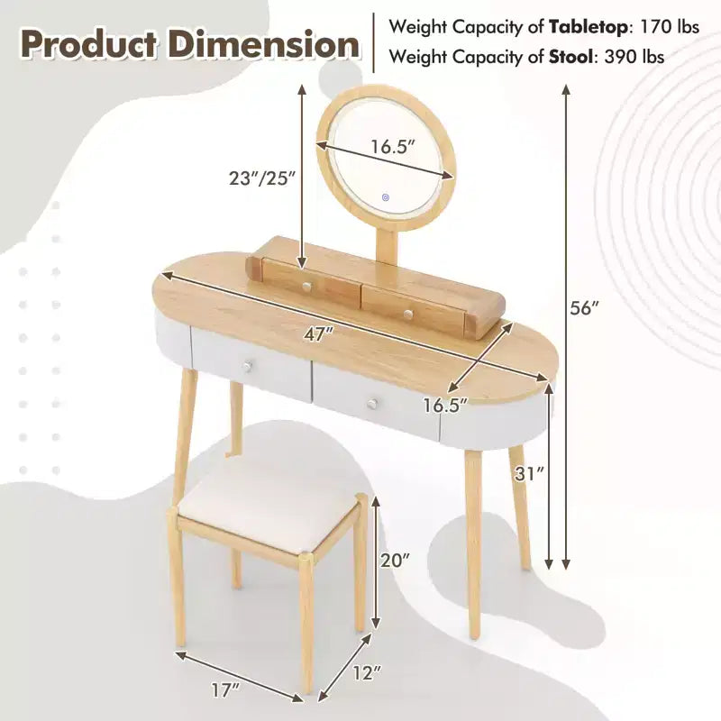 Costway Ensemble de coiffeuse en bois massif avec miroir lumineux LED, tiroirs et tabouret rembourré Blanc + Marron/Noir + Marron/Blanc + Noir/Blanc + Naturel