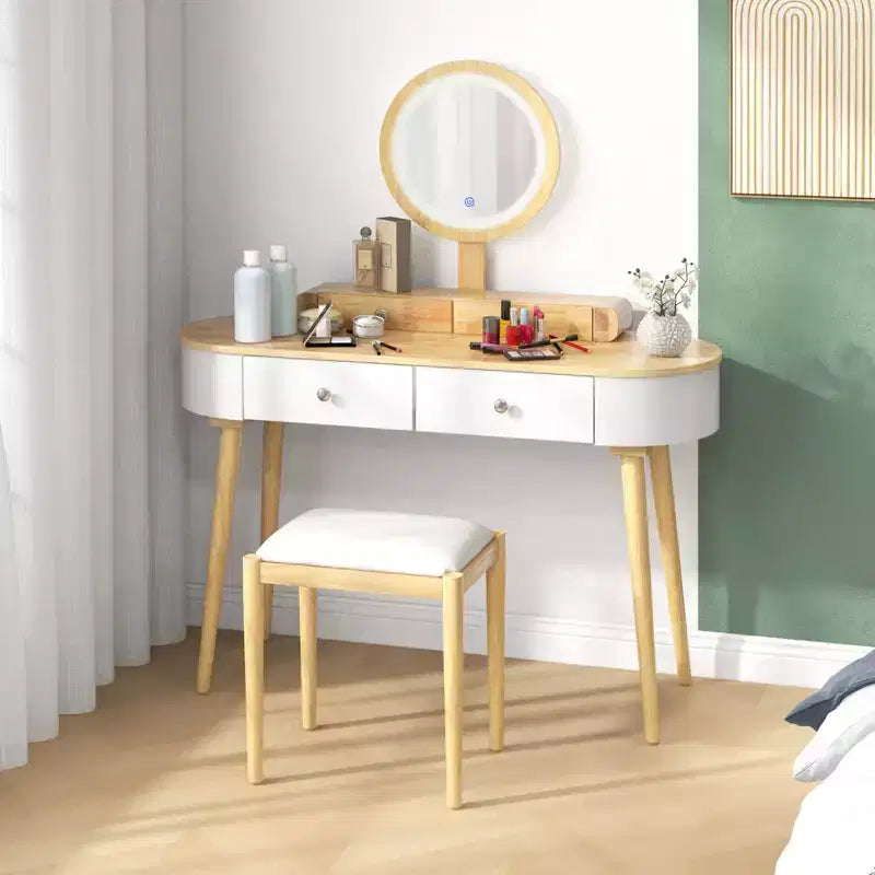 Costway Ensemble de coiffeuse en bois massif avec miroir lumineux LED, tiroirs et tabouret rembourré Blanc + Marron/Noir + Marron/Blanc + Noir/Blanc + Naturel