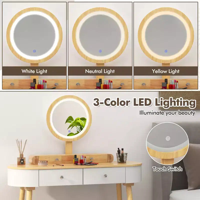 Costway Ensemble de coiffeuse en bois massif avec miroir lumineux LED, tiroirs et tabouret rembourré Blanc + Marron/Noir + Marron/Blanc + Noir/Blanc + Naturel