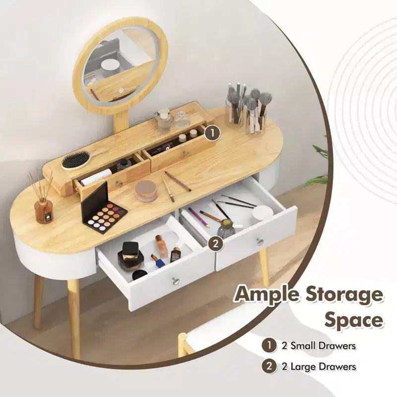 Costway Ensemble de coiffeuse en bois massif avec miroir lumineux LED, tiroirs et tabouret rembourré Blanc + Marron/Noir + Marron/Blanc + Noir/Blanc + Naturel