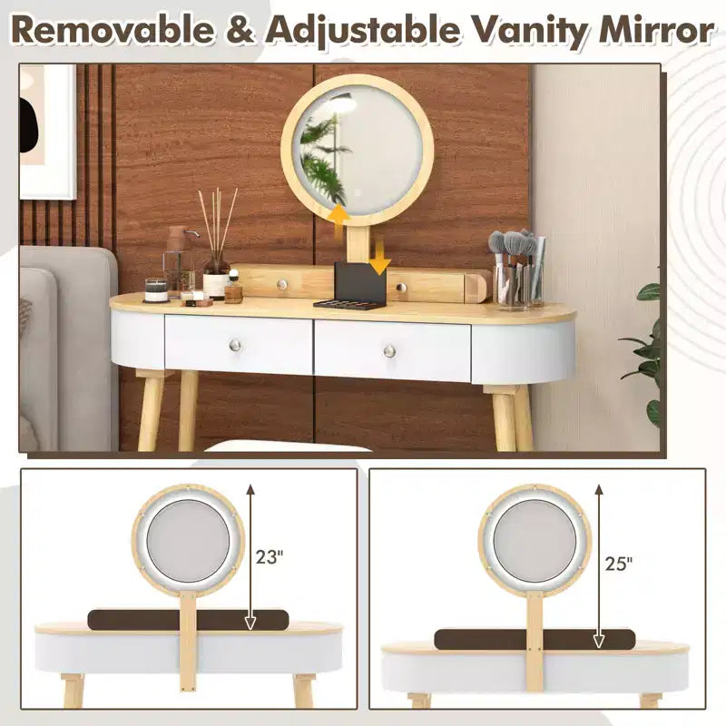 Costway Ensemble de coiffeuse en bois massif avec miroir lumineux LED, tiroirs et tabouret rembourré Blanc + Marron/Noir + Marron/Blanc + Noir/Blanc + Naturel