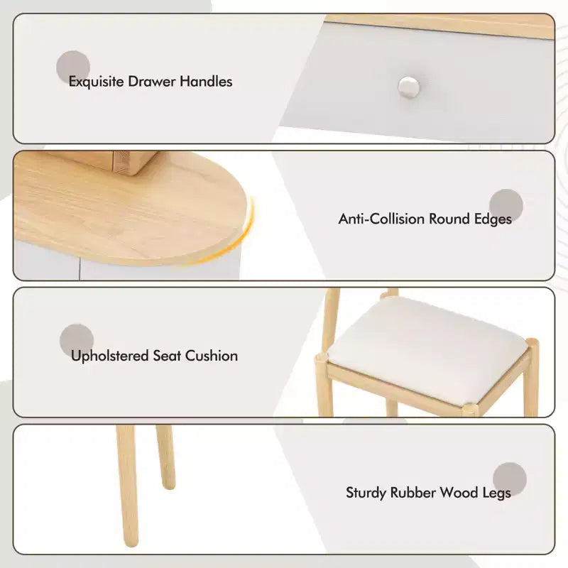 Costway Ensemble de coiffeuse en bois massif avec miroir lumineux LED, tiroirs et tabouret rembourré Blanc + Marron/Noir + Marron/Blanc + Noir/Blanc + Naturel