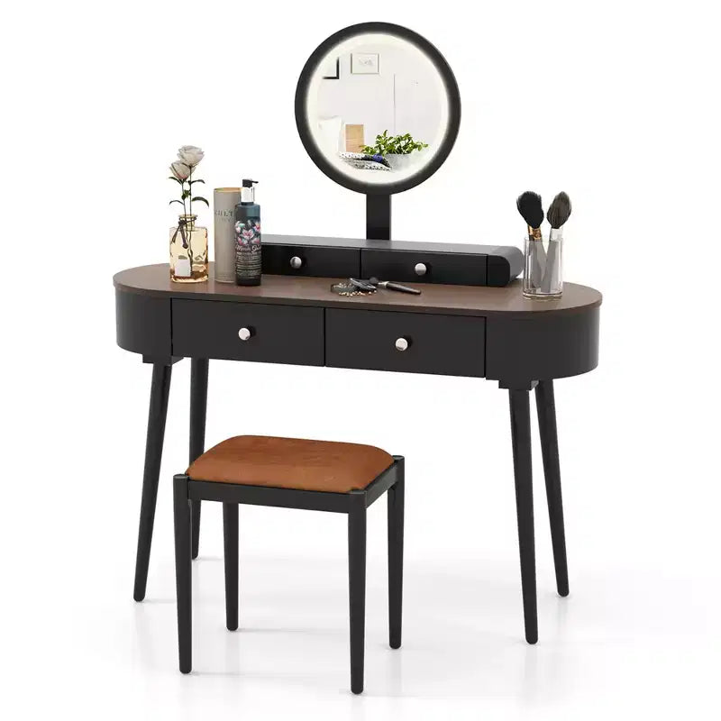 Costway Ensemble de coiffeuse en bois massif avec miroir lumineux LED, tiroirs et tabouret rembourré Blanc + Marron/Noir + Marron/Blanc + Noir/Blanc + Naturel